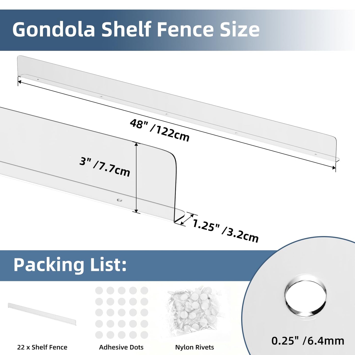 Nalwort 22 Pcs Retail Gondola Shelving Front Fence, Clear PET Shelf Fence with 1/4" Holes and Screws, Front Lips Barrier for Retail Store Display Rack, 3" H x 48" L