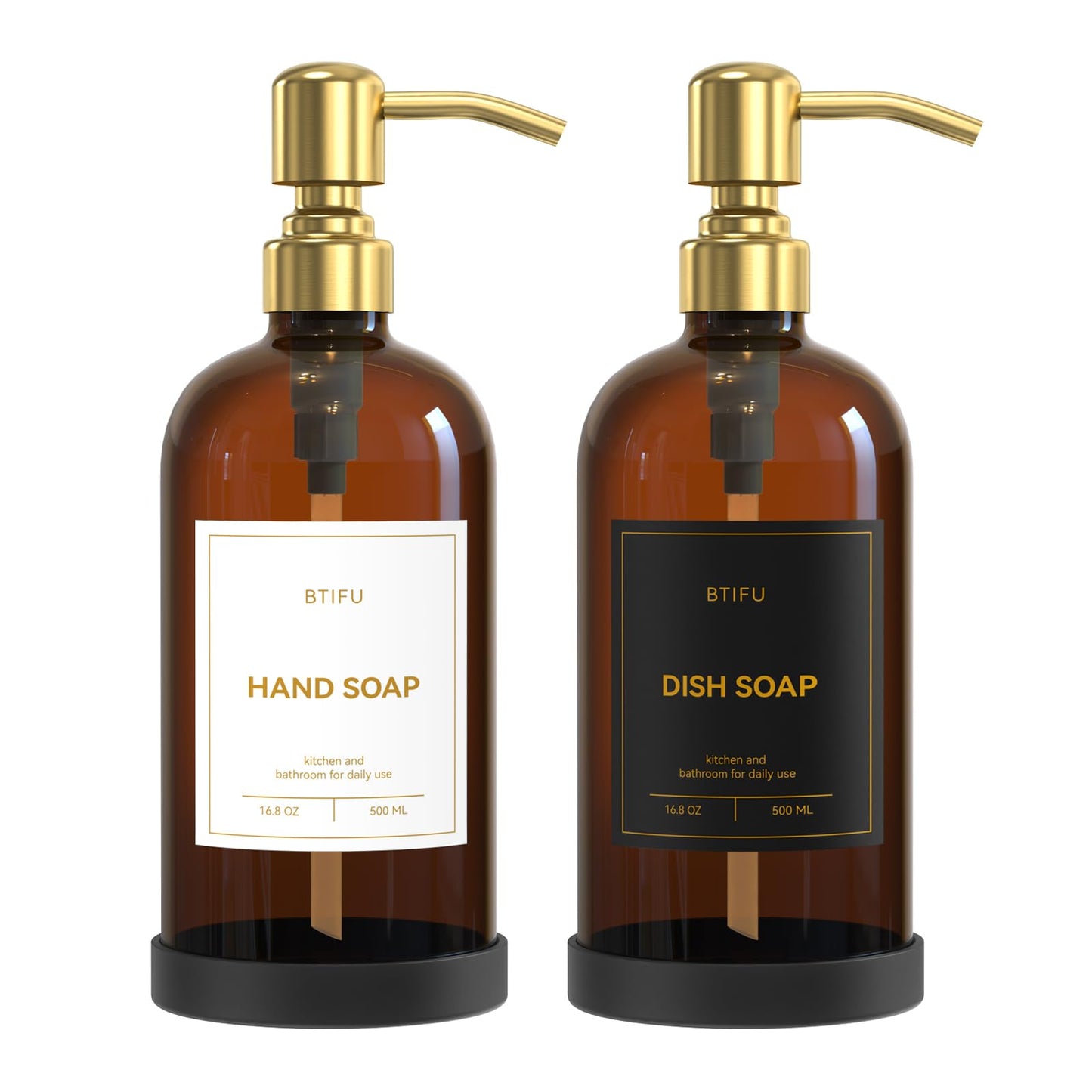 Kitchen Soap Dispenser Set – 16.8oz/500ml Glass Hand and Dish Soap Dispenser with Stainless Steel Pumps & Non-Slip Silicone Base, Luxury Countertop Decor for Home, Airbnb, Office (Amber & Gold)