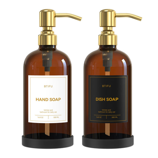 Kitchen Soap Dispenser Set – 16.8oz/500ml Glass Hand and Dish Soap Dispenser with Stainless Steel Pumps & Non-Slip Silicone Base, Luxury Countertop Decor for Home, Airbnb, Office (Amber & Gold)