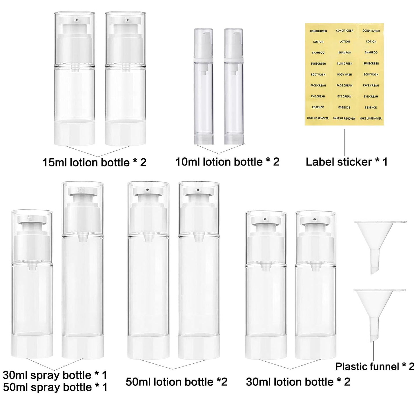 AGENIZ 12 Pack 1.7oz/50ML Airless Pump Bottles, 0.5/1 oz 15ml 30ml Clear Refillable Cosmetics Container Spray & Lotion Vacuum Pump Bottle for Cream Lotion, Eye Cream, Liquid, Foundation, Shampoo