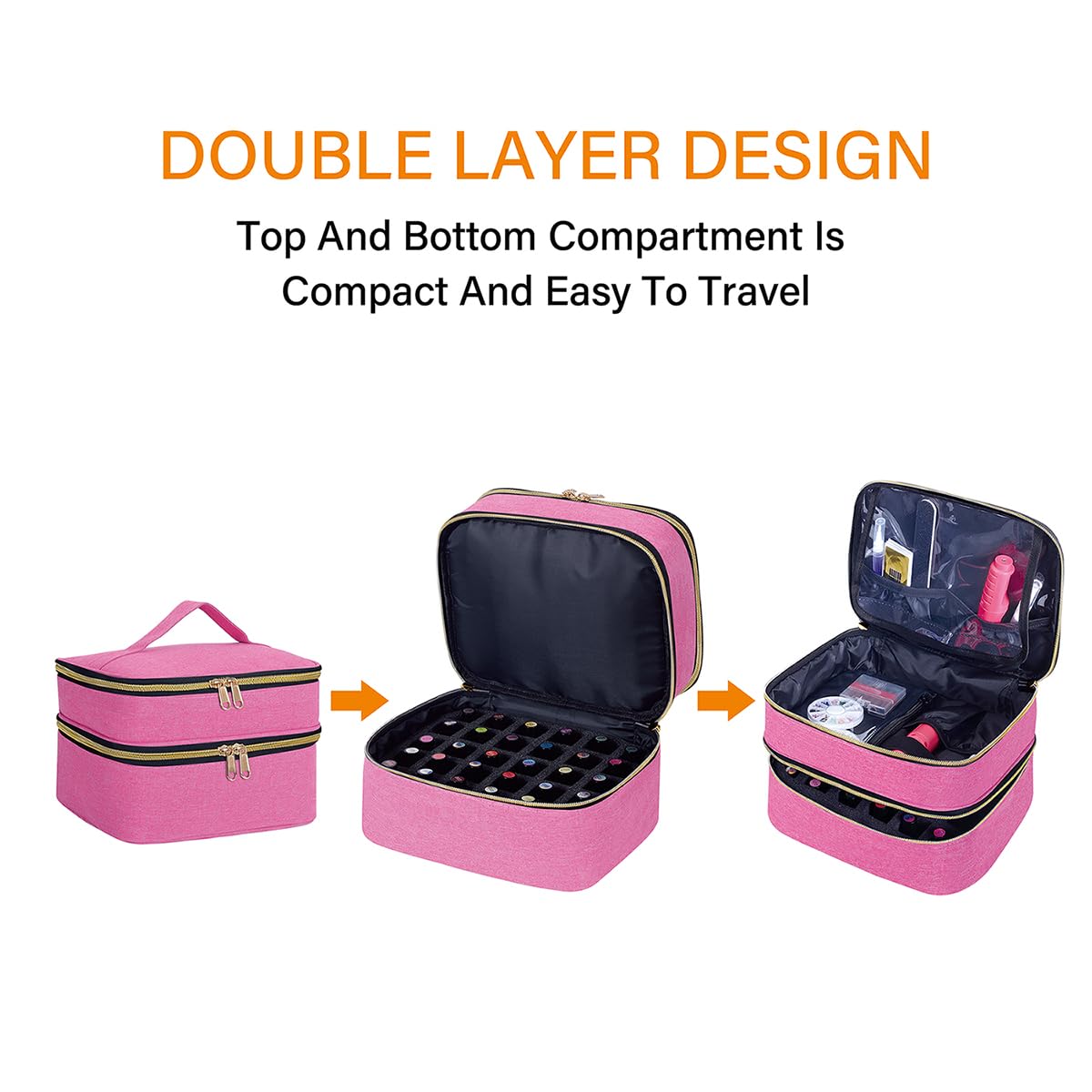 YAHOURWAT Nail Polish Organizer Bag Double Layer Capacity Portable Travel Storage Case Holds 30 Bottles (15 ml/0.51 floz) Nail Supplies Holder Bag Designed for Nail Tools Rose Red