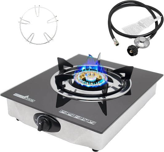 1 Burner Propane Gas Cooktop,Camping Portable LPG Gas Stove, Auto Ignition Tempered Glass Countertop Regulator and Burner Grate