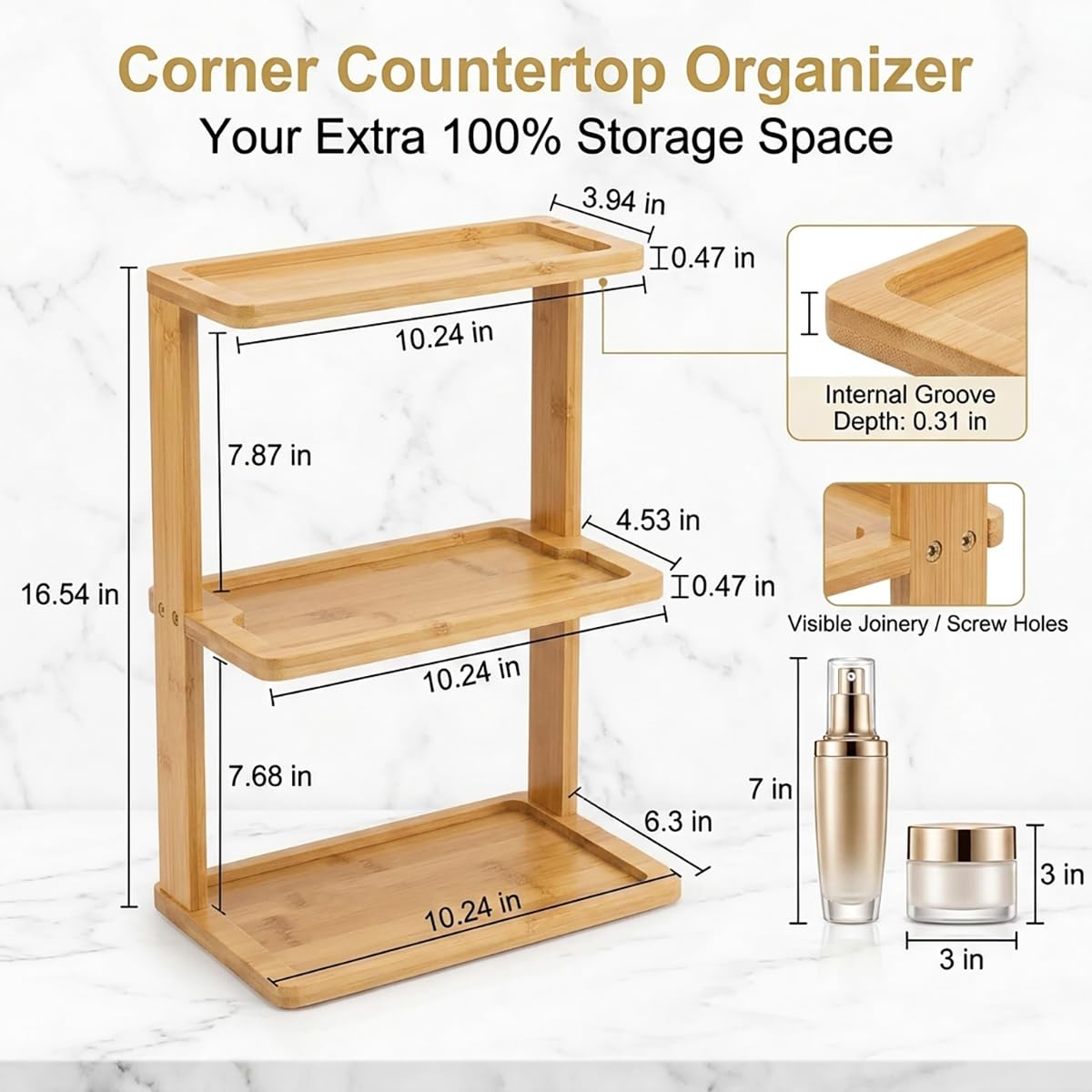 PEKER Bamboo Bathroom Organizer Countertop – Vanity Storage Shelf for Makeup, Perfume, Skincare – Natural Cosmetics Display Rack for Dresser, Sink, Kitchen – Natural