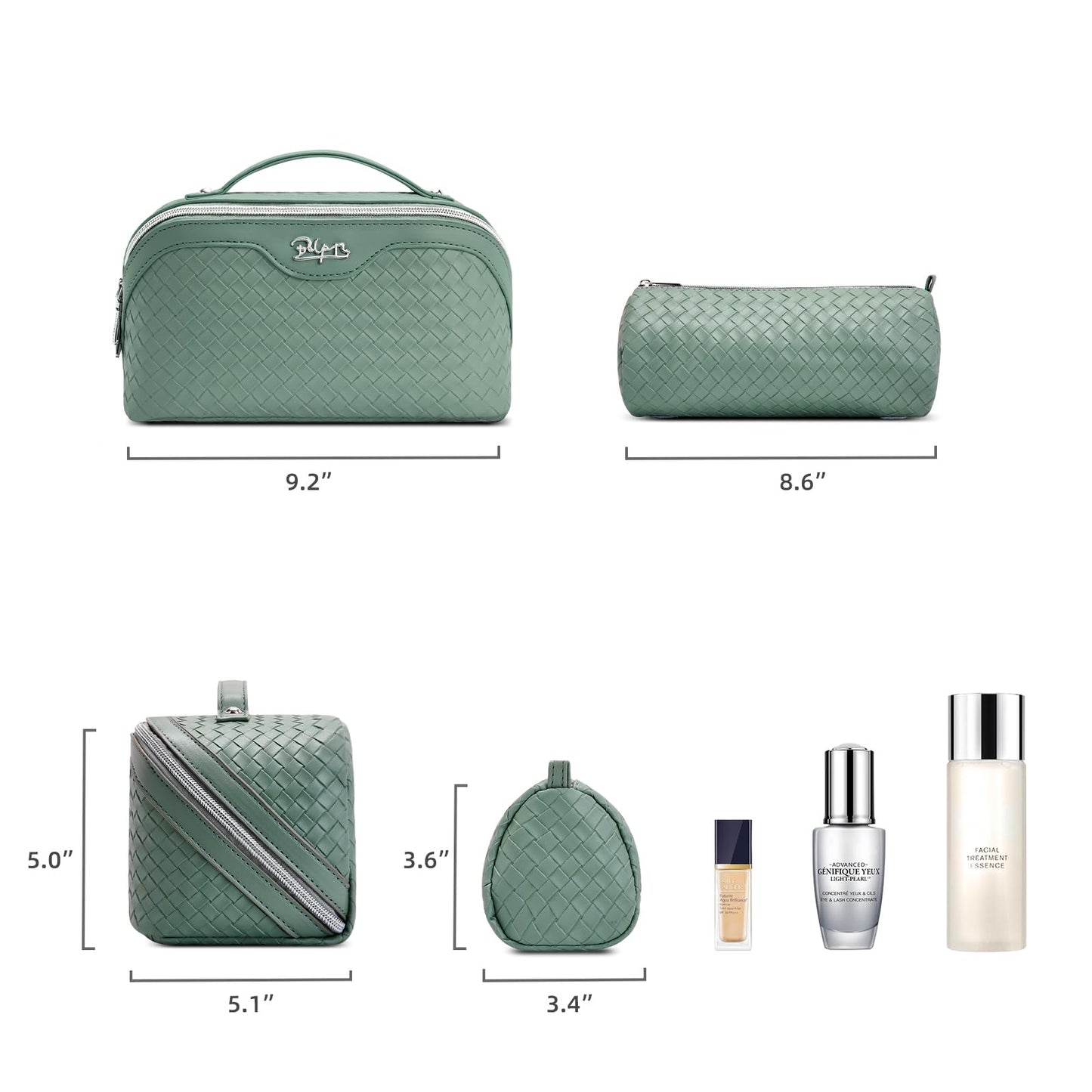 BOYATU Travel Makeup Bag Cosmetic Bags for Women: Large Capacity 3 Pcs Set Make up Bag with Compartments - Waterproof Vegan Leather Toiletry Organizer Bags with Handle (L10 Grass Green)
