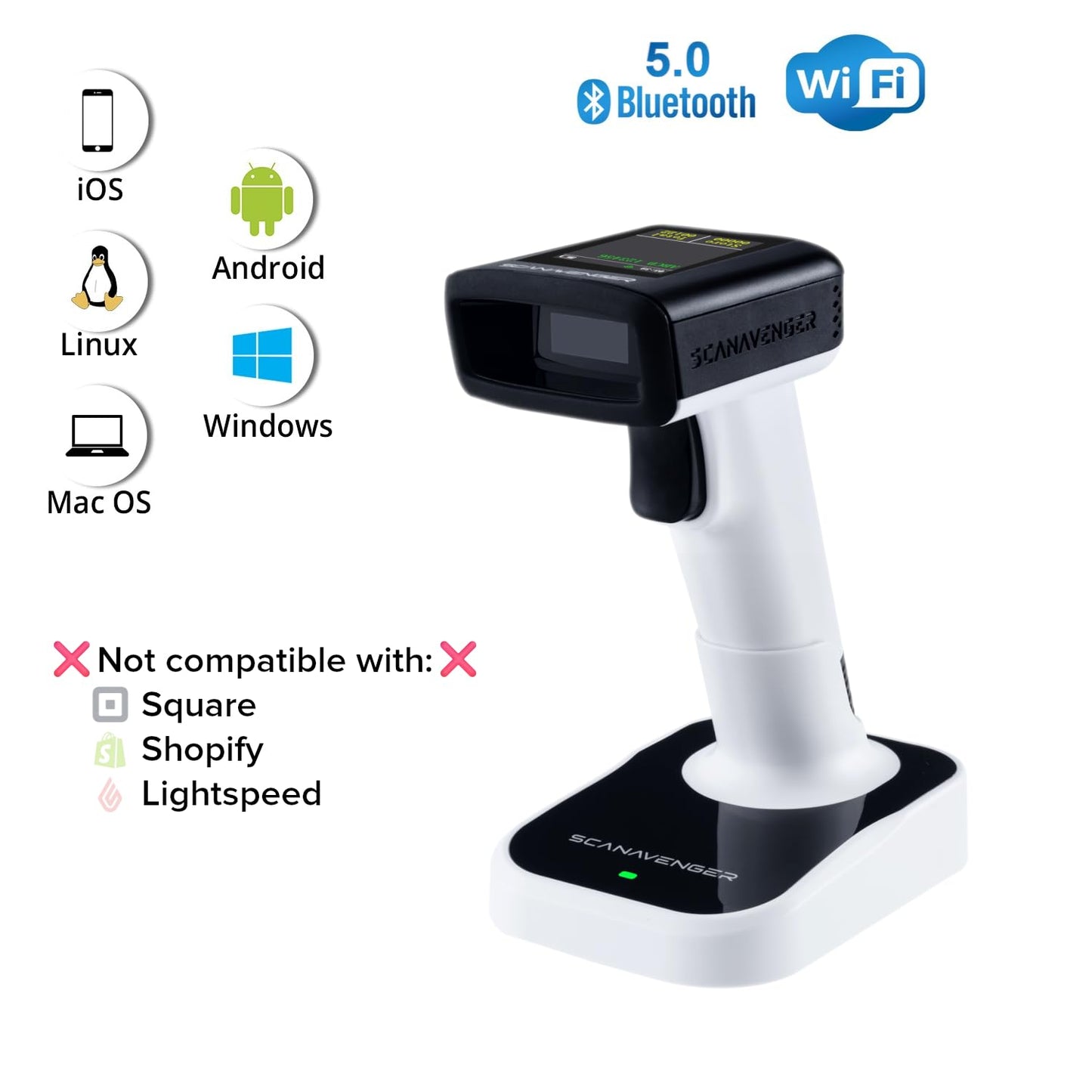 ScanAvenger Wireless Portable 1D with Stand Bluetooth Barcode Scanner: Hand Scanner 3-in-1, Cordless, Rechargeable Scan Gun for Inventory (1D&2D with LCD Display and Upgraded Next Gen Stand)