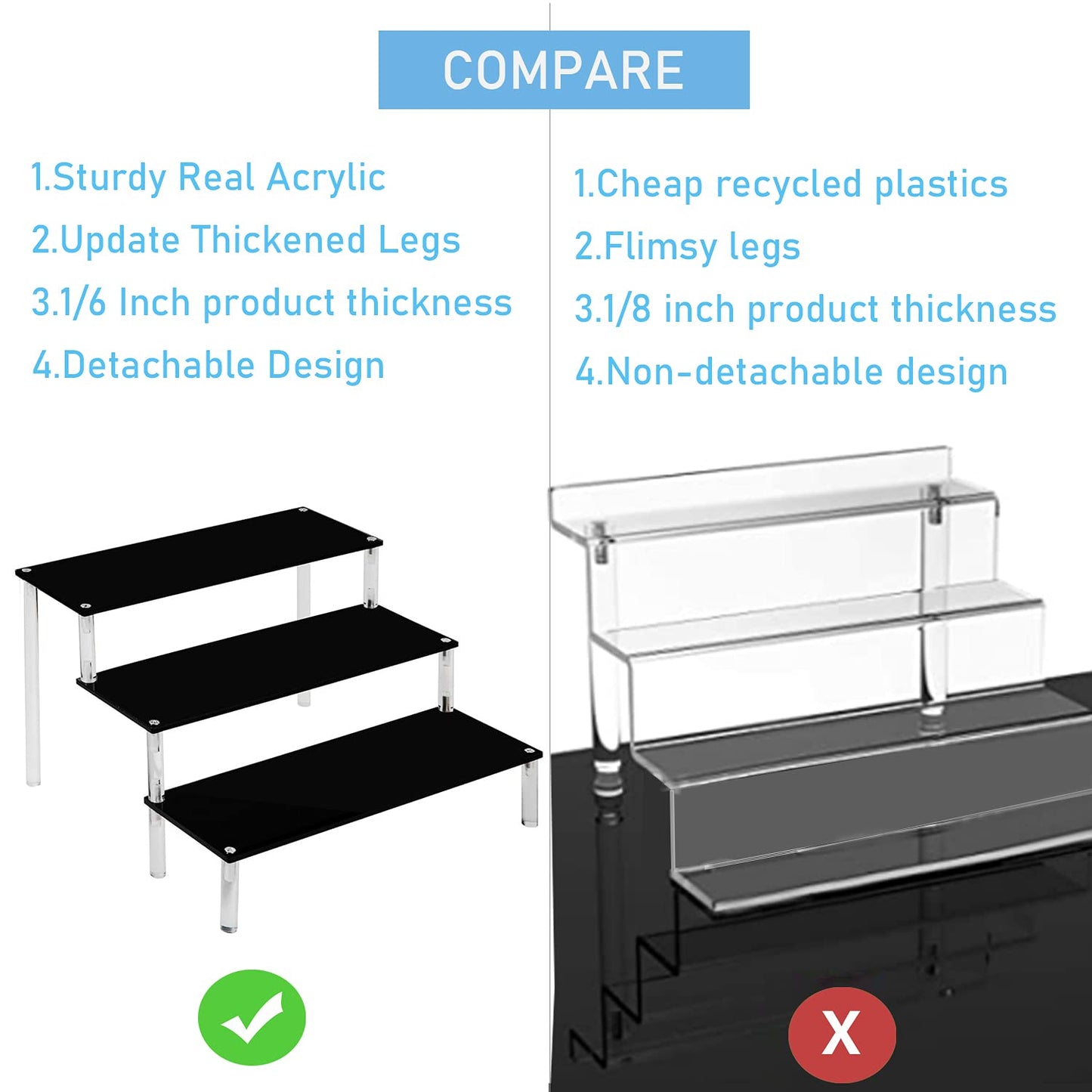 AZEAM Acrylic Riser, Black Display Risers Stand Large Collection Organizer Shelf for Cupcake Food Desserts Holder Cosmetic Products Tabletop Use and More (12 X 8 X 6 Inch) (3 Packs Black)