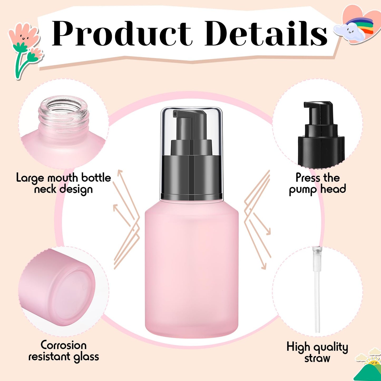 4 Pcs 60ml/2oz Empty Refillable Pink Frosted Glass Creams Lotions Bottles with Pump Vial Cosmetic Dispenser Jars Makeup Emulsion Liquids Storage Container Portable Travel Bottle Cosmetic Container