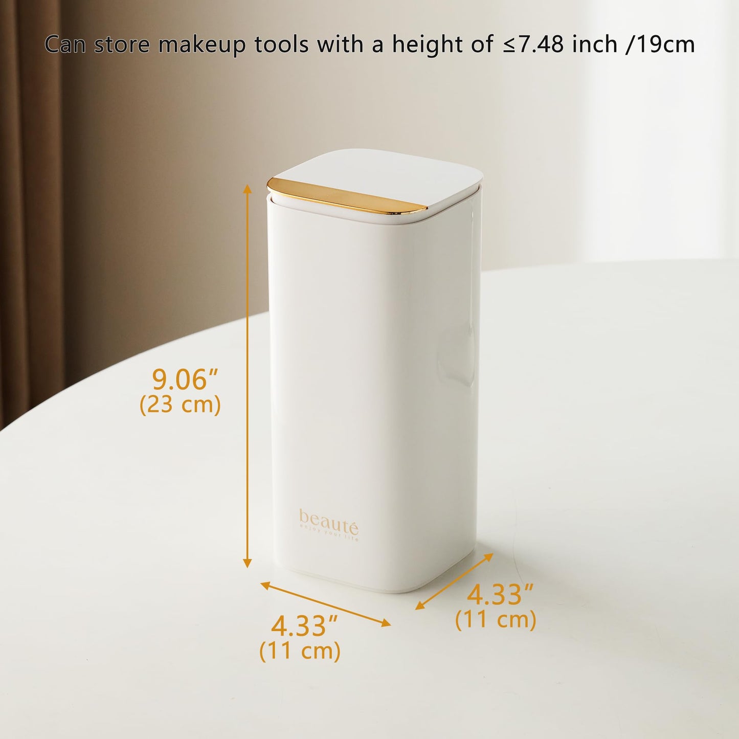 Makeup Brush Holder with Lid, Push Pop-Up Makeup Brush Organizer,4 Slots Makeup Cosmetics Organizerfor Vanity Decor, Bathroom Countertop ,Large Capcity, Dustproof,Waterproof | White and Gold