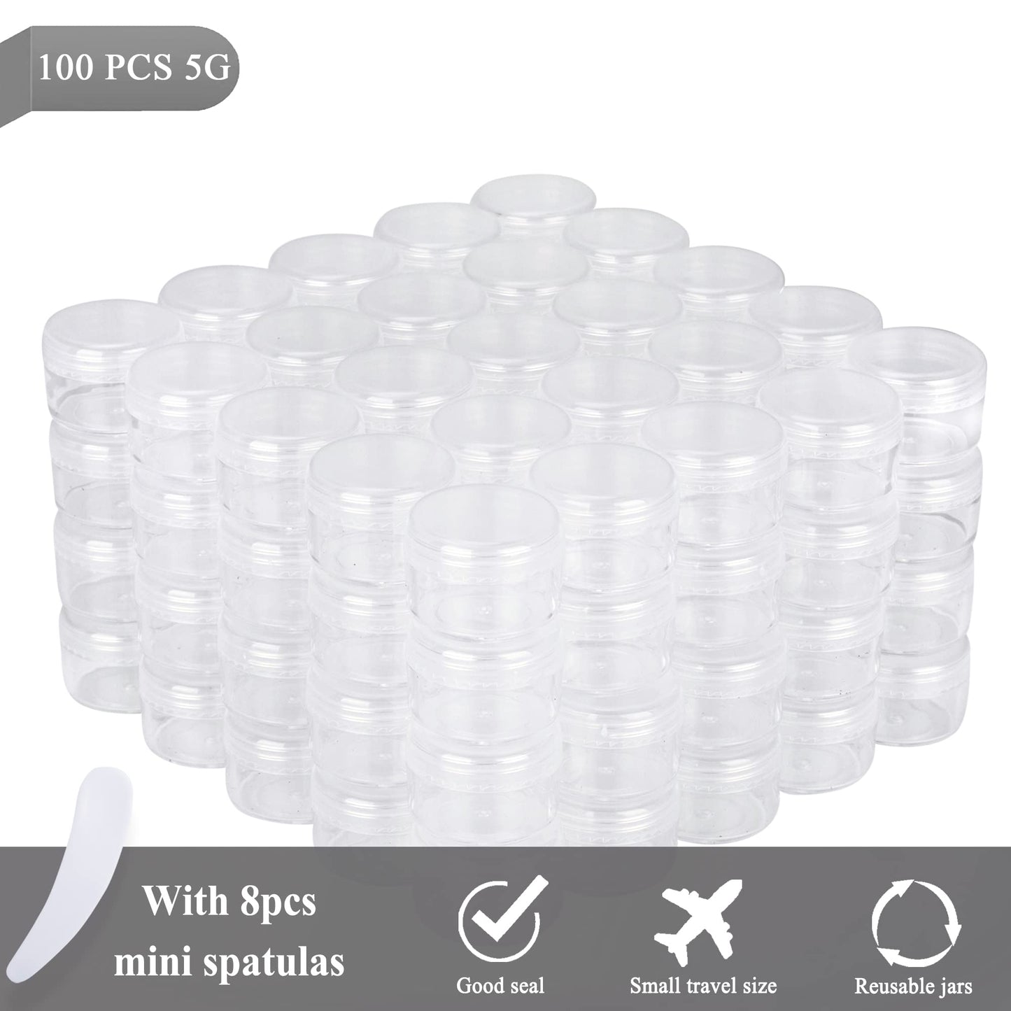 100PCS 5 Gram Sample Containers, 5ml Empty Jars with Lids, Small Cosmetic Containers, Mini Sample Jars with 8PCS Mini Spatulas for Make Up, Oils, Lotion, Powder, Paint, Jewelry, Lip Balms(Clear Lid)