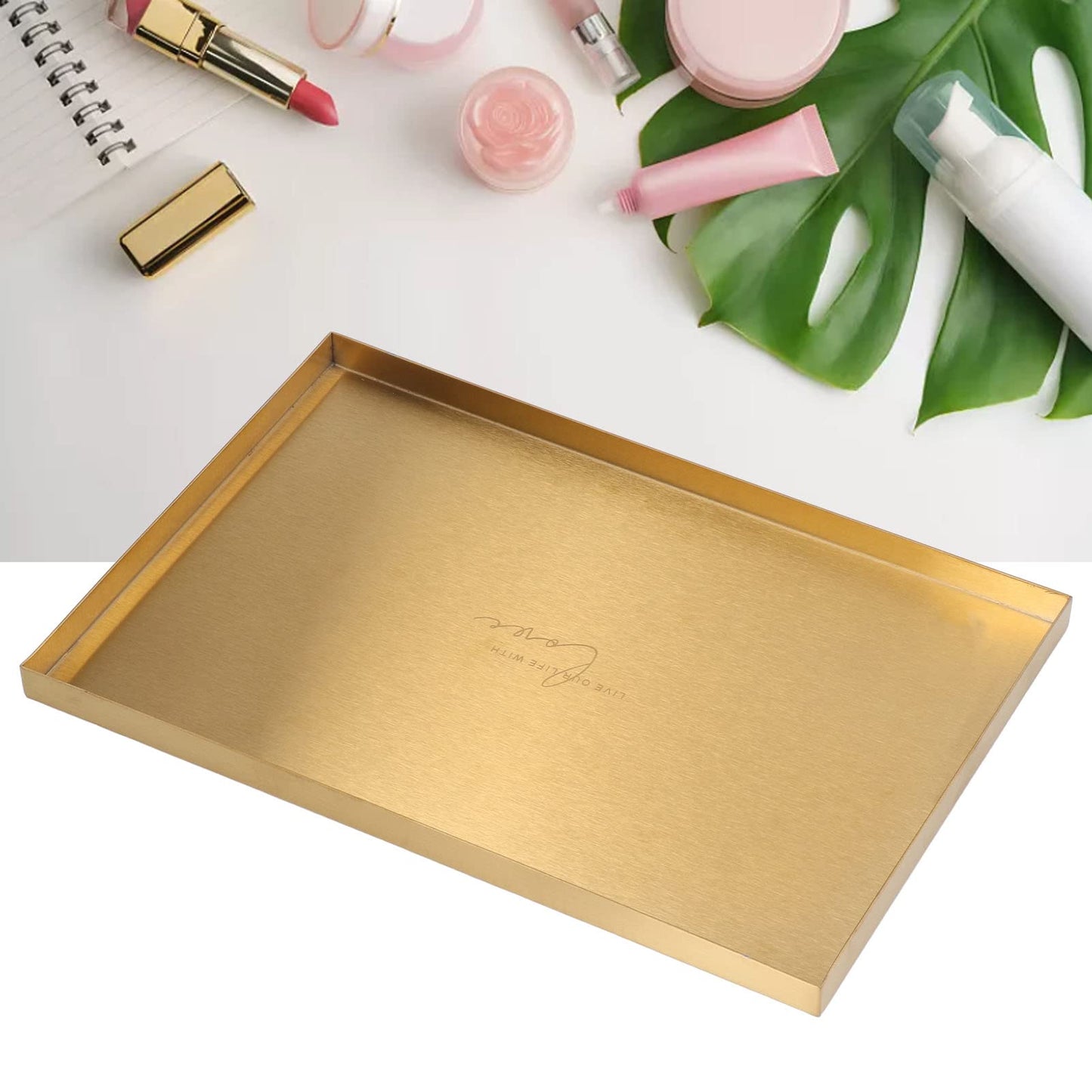 Gold Rectangle Trays, 12x8 inch Stainless Steel Metal Gold Plate Serving Tray Rectangle Decorative Cosmetic Jewelry Display Tray for Living Room, Vanity, Bathroom