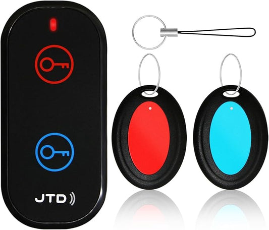 JTD Key Finder with 2 Receivers, 1 Lost Wireless Car Tracker Keychain 130ft 85dB RF Keys Locator Tracker for Finding Wallet, Key, Pet,TV Remote Control, No Phone, Mobile App Required