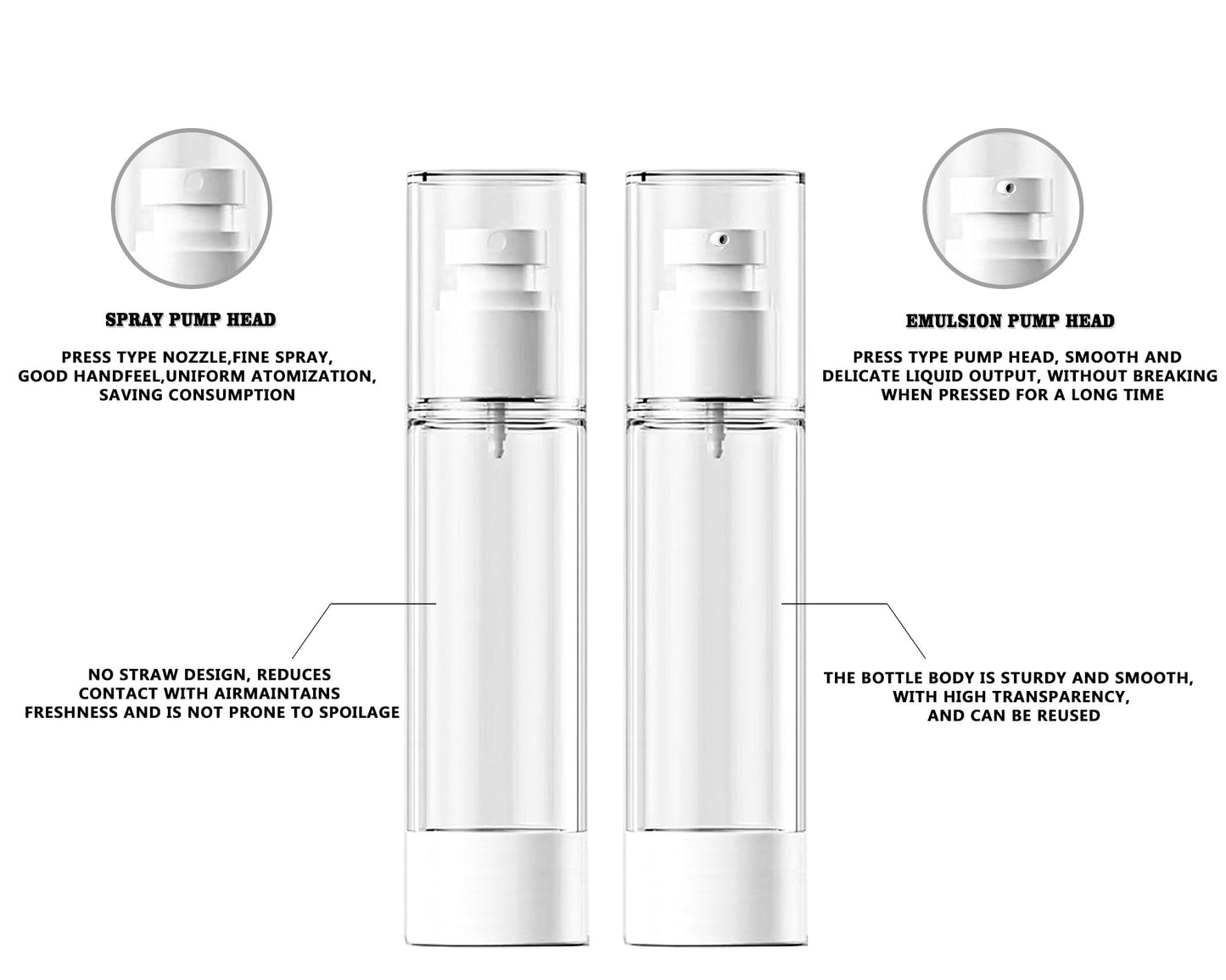AGENIZ 12 Pack 1.7oz/50ML Airless Pump Bottles, 0.5/1 oz 15ml 30ml Clear Refillable Cosmetics Container Spray & Lotion Vacuum Pump Bottle for Cream Lotion, Eye Cream, Liquid, Foundation, Shampoo