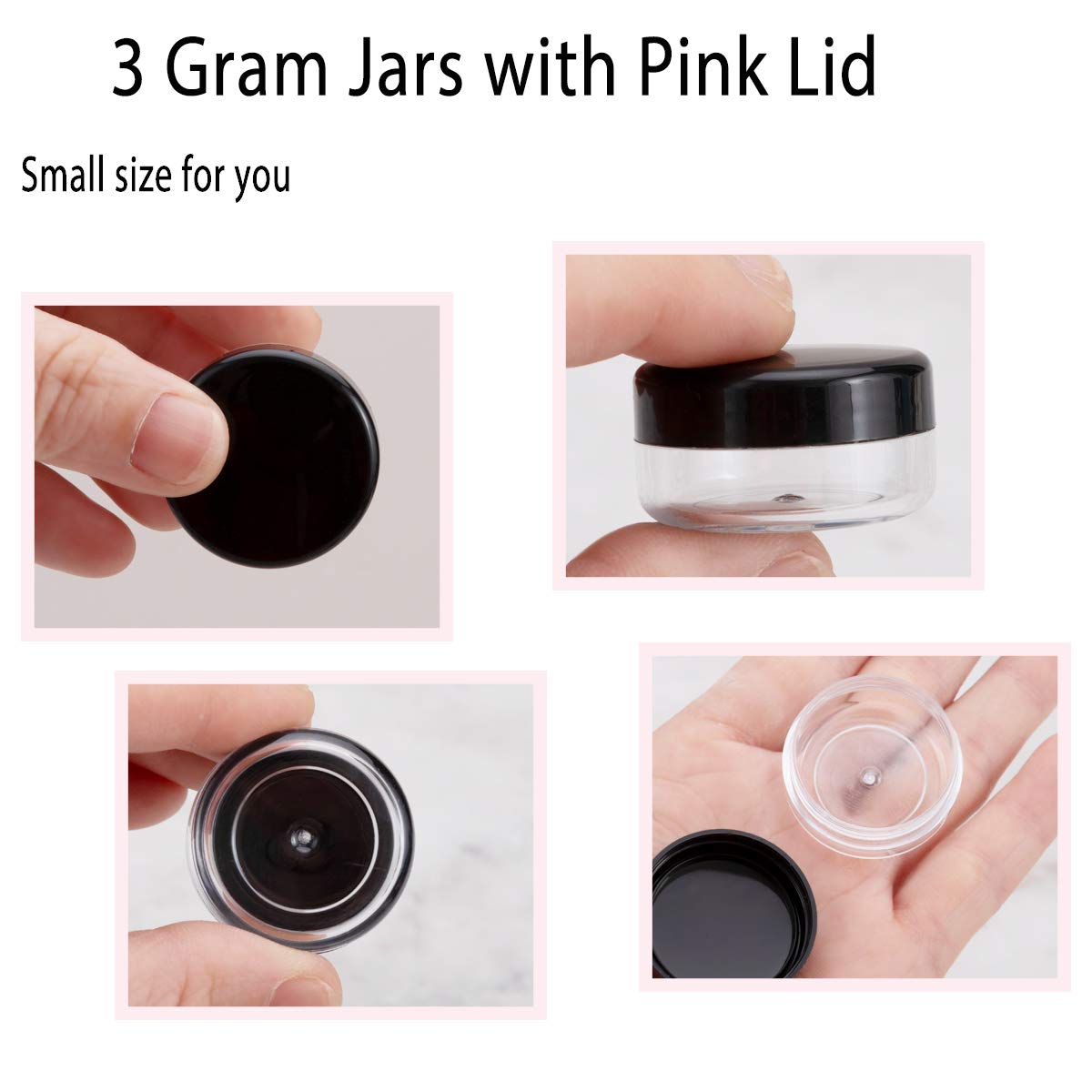 100 Pack 3 Gram Sample Containers with Lids, 3ml Mini Sample Jars, Tiny Plastic Cosmetic Containers for Lip Balms, Makeup, Lotion, Eye Shadow, Powder, and Lip Balms (Black Lids)