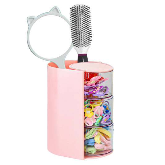 Luscinia Hair Accessories Organizer with Hair Brush Holder, Rotatable Makeup Brush and Jewelry Storage Box for Hair Clips, Earrings, Necklaces, Bracelets, Rings, and Daily Accessories (Pink, 3-Layer)