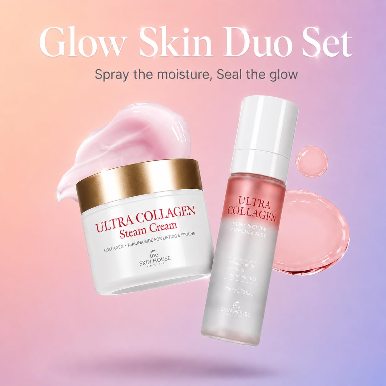 The Skin House ULTRA COLLAGEN Glow Skin Duo Pack, Hydrating Ampoule Mist & Steam Cream Set, Retinol, Deep Moisture Collagen & Niacinamide, Gift for Dry Skin, K-Beauty Moisturizing Glow Kit