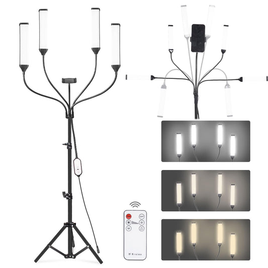 LED Video Light Kit with Four-arms, Studio Light for Video Recording Photography Lighting Kit, Dimmable LED Floor Light for Lash Techs, Estheticians & Tattoo Artists with Tripod Stand&Phone Holder