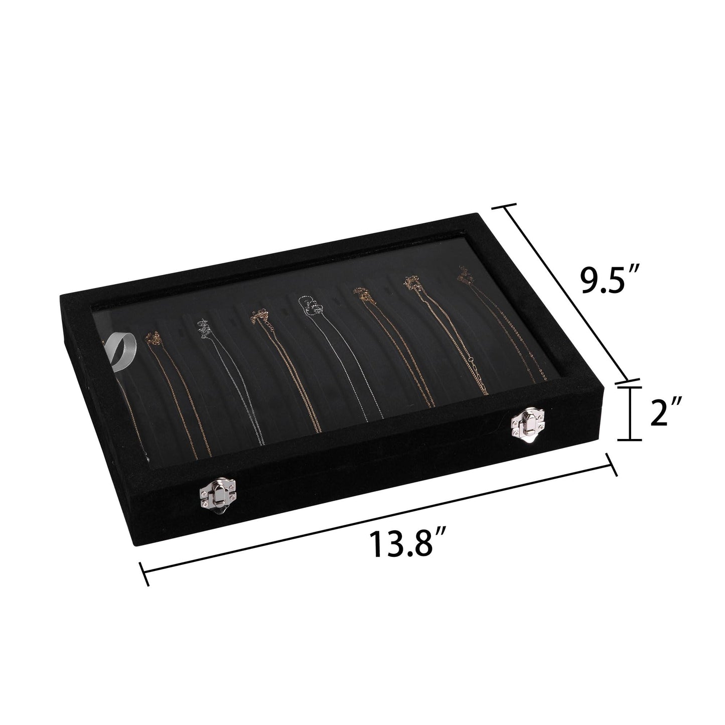Frebeauty 15 Hooks Necklace Tray Velvet Neckalce Organizer with Clear Lid Lockable Necklace Holder Box Jewelry Organizer for Pendants Chains Necklace Jeweley Tray for Women Girls(Black)