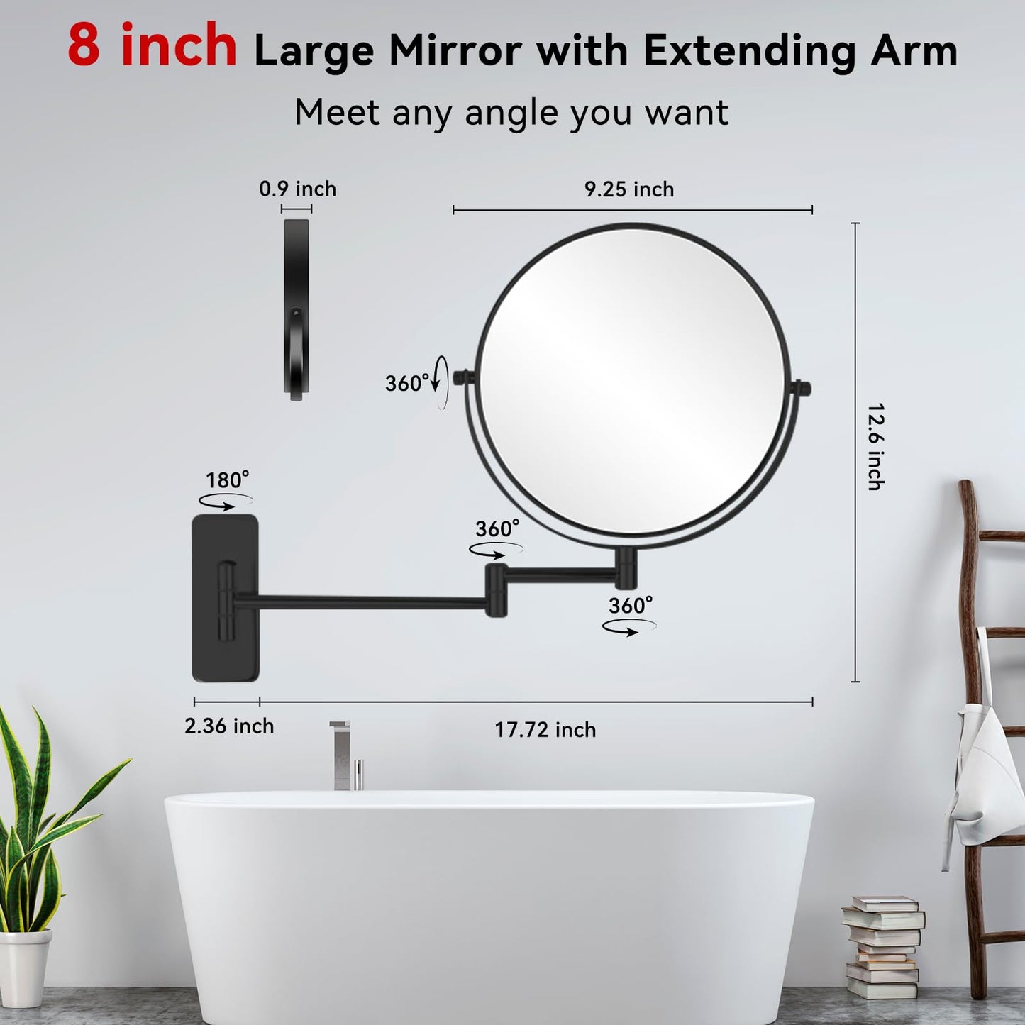Hahoray Wall Mounted Magnifying Makeup Mirror, 8 Inch 1X/20X Bathroom Shaving Mirror with Extendable Arm, 360° Swivel Double Sided Wall Mount Mirror for Makeup, Shaving and Grooming, Black