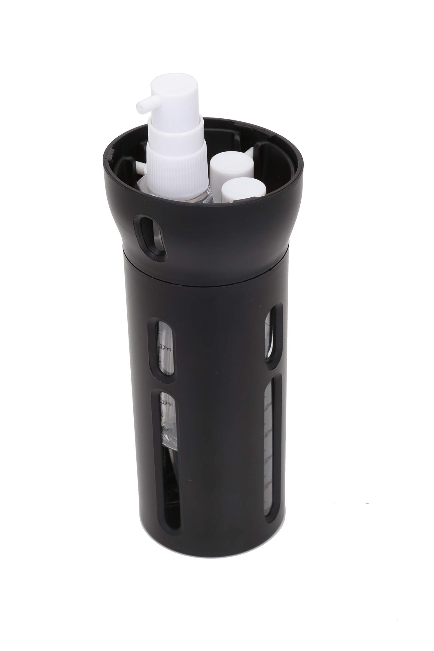 Travigo 4-in-1 Travel Dispenser Bottle, TSA Approved, Leak Proof, Four Reusable 1.4 oz. (40 mL) Toiletry Containers for Shampoo, Conditioner, Soap, Lotion, Skincare (Black)