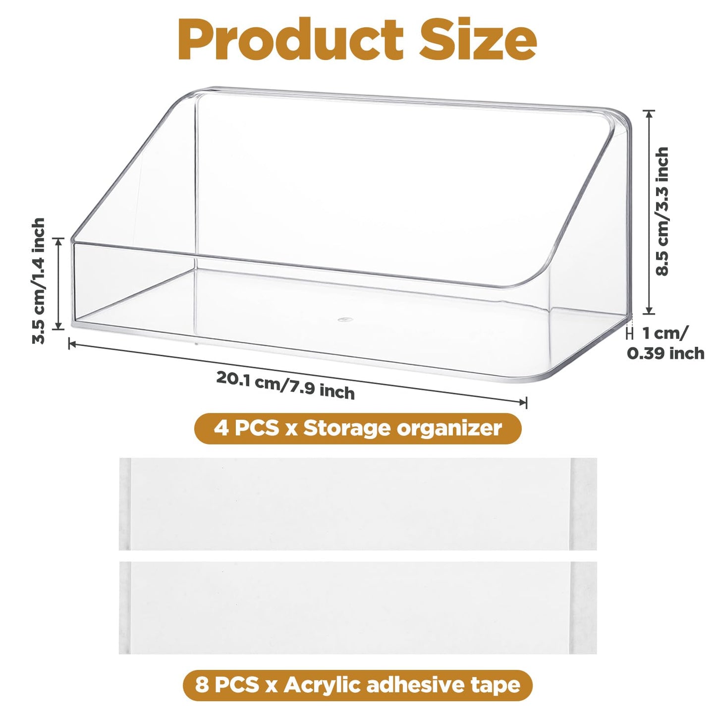 4 Pack Clear Wall Mounted Storage Organizer – No Drill Adhesive Shelves for Bathroom, Kitchen, Bedroom, Mirror Cabinets – Transparent PS Plastic Organizer Bins (7.9” x 3.4” x 3.3”)