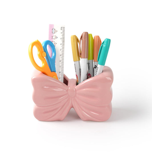 Zaposcca Bow Pencil Holder, Ceramic Pen Holder, Cute Pen Holder for Desk,Stand Makeup Brush Holder, for School, Home, Office Desk Decor(Pink)