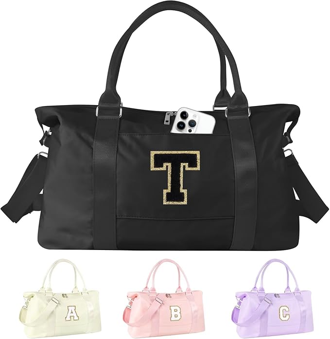 Dance Gym Duffel Bag for Teen Girls, Personalized Initial Travel Weekender Bag,Cute Overnight Carry On Duffle for Women,Sports Travel Cheer Bag,Monogram Christmas Gifts for Tween Preppy(black-T)