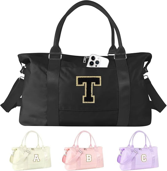 Dance Gym Duffel Bag for Teen Girls, Personalized Initial Travel Weekender Bag,Cute Overnight Carry On Duffle for Women,Sports Travel Cheer Bag,Monogram Christmas Gifts for Tween Preppy(black-T)