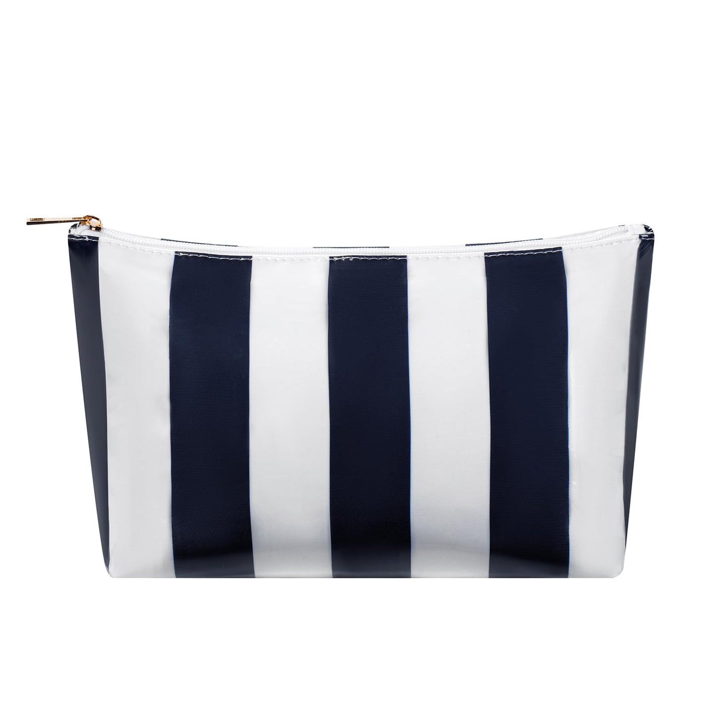 RSRSLEII Large Waterproof Travel Stripe Makeup Bag,Aesthetic PVC Toiletry Bag,Coquette Cosmetic Bag Organizer,Cute Preppy Carry-on Travel Accessories Essentials for Women Girls(Dark Blue)