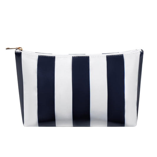 RSRSLEII Large Waterproof Travel Stripe Makeup Bag,Aesthetic PVC Toiletry Bag,Coquette Cosmetic Bag Organizer,Cute Preppy Carry-on Travel Accessories Essentials for Women Girls(Dark Blue)