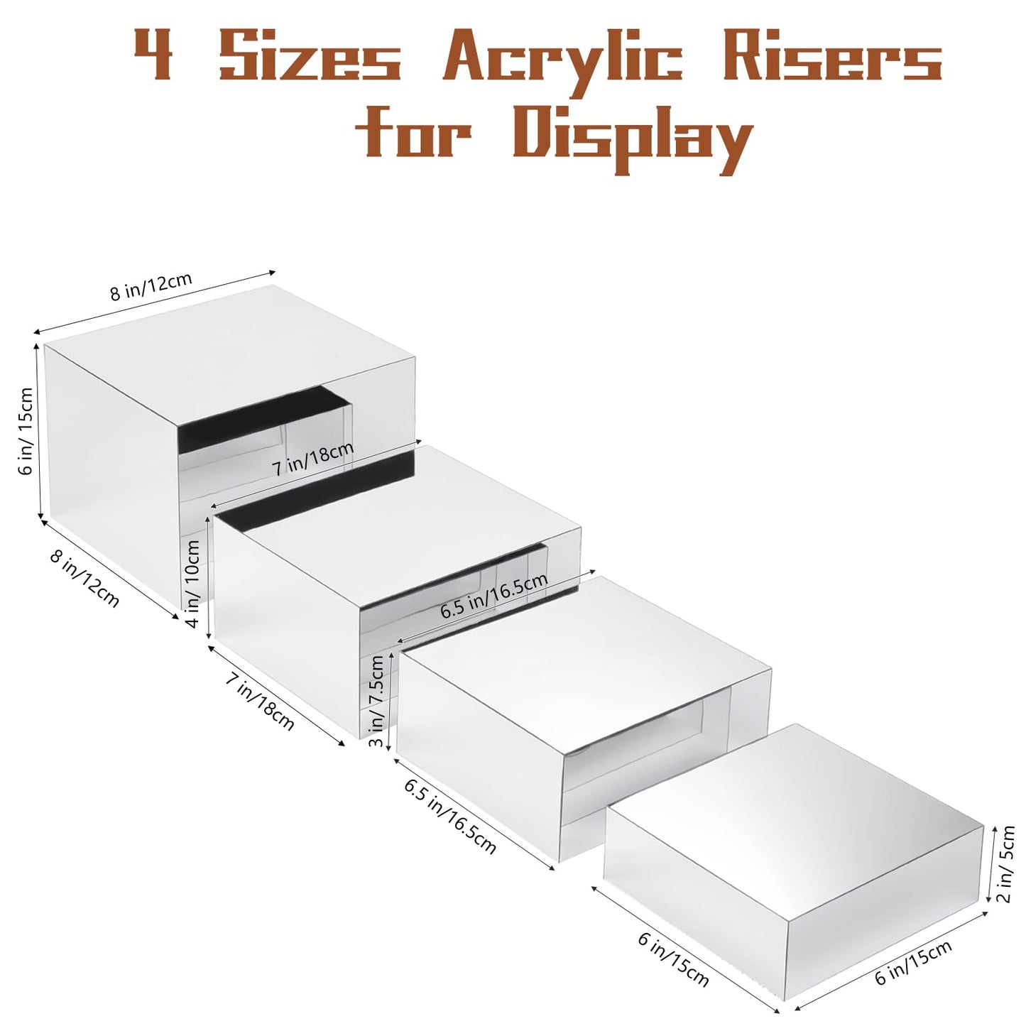 Silver Mirror Acrylic Risers, 4pcs Anti-Scratch Nesting Display Cubes, 6"-8" Wide, 4MM Thick Sturdy Square Boxes for Figures Collectibles Jewelry Buffet Retail Showcase Platform Wedding Decor