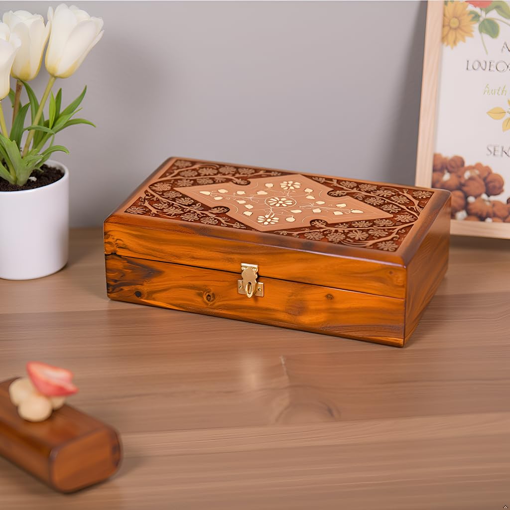 Wooden Jewelry Box with Exquisite Carving and Brass Inlay, Elegant Jewelry Organizer for Rings, Necklaces, and Bracelets, Handcrafted Storage Solution for Treasured Accessories