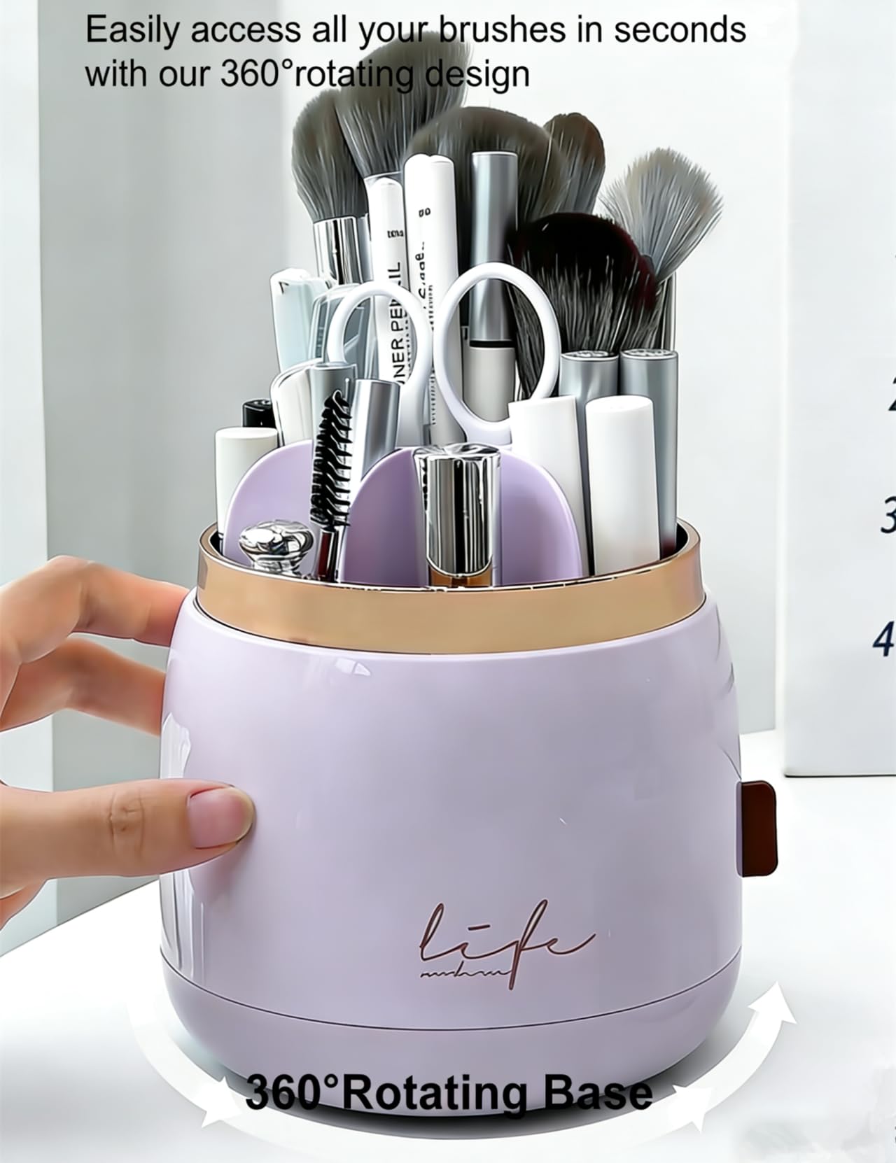 YZEASYPINK 360 Rotating Makeup Brush Holder with Lid Clear Dustproof Make Up Organizers for Vanity Countertop Includes a Foldable Bowl for Cleaning Makeup Brush,Transparent, Dustproof-Purple