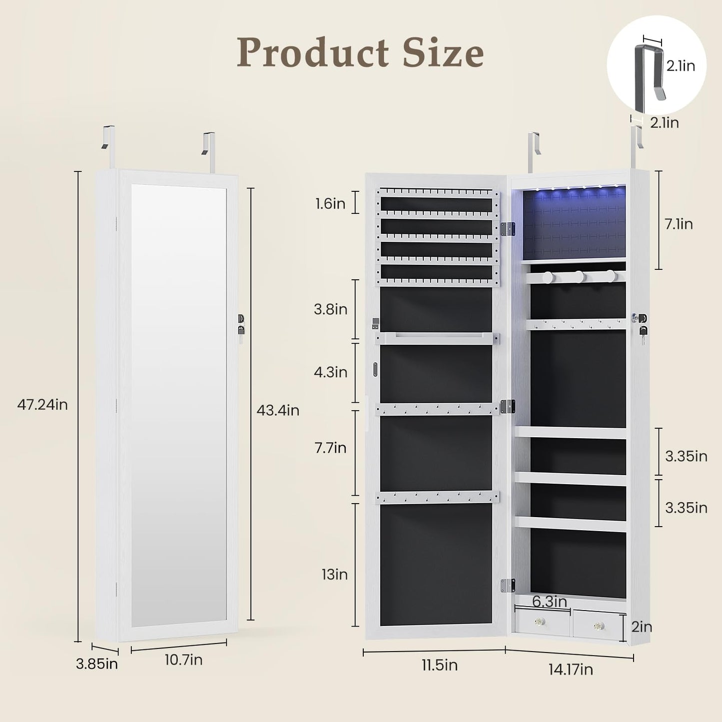 Sweetcrispy Jewelry Organizers and Storage, Wall/Door Mounted Jewelry Armoire with Full Length Mirror, 47.2" Tall Mirror with Storage, Automatic 6 LED Lights, Lockable, 2 Drawers, White