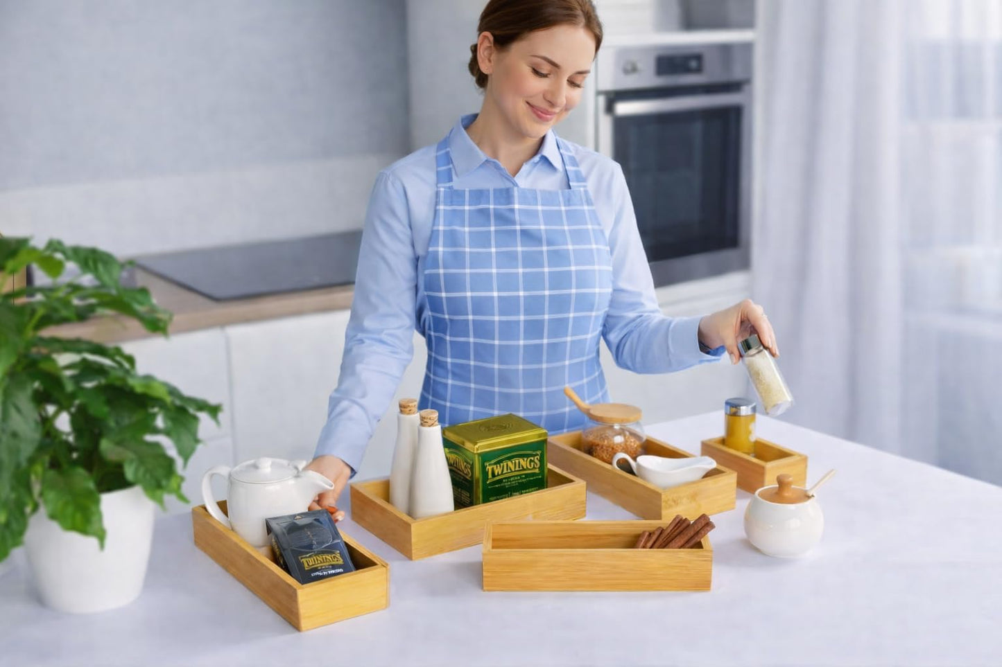 THE SHI ENERGY 5-Piece Bamboo Drawer Organizer Set – Versatile Storage Trays for Kitchen, Bathroom, Office, Makeup, Jewelry & More – Drawer Dividers, Utensil Organizer & Storage Bin Set (5 Pieces)