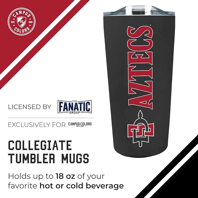 Campus Colors NCAA Stainless Steel Tumbler perfect for Gameday - 18 oz - Double Walled - Keeps Drinks Perfectly Insulated (San Diego State Aztecs - Black)
