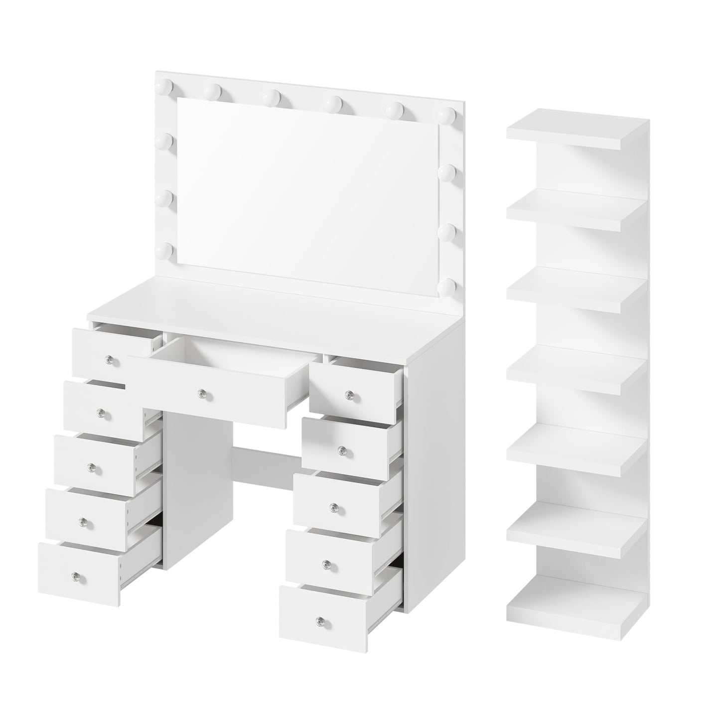 GDFStudio 43.3" Vanity Desk with 11 Bulbs & 7-Tier Storage Shelves, Makeup Vanity Table with Power Outlet, 11 Drawers, Adjustable 3-Color LED Lighting, Crystal Handles, Large White Dressing Table