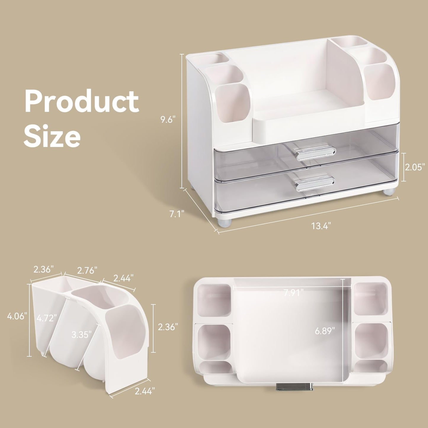Brothersbox Makeup Organizer for Vanity with 2 Large Drawers and 6 Brush Holders, Large Bathroom Countertop Cosmetic Storage for Skincare, Lipstick, Nail Polish, Perfume, Gift for Women, White