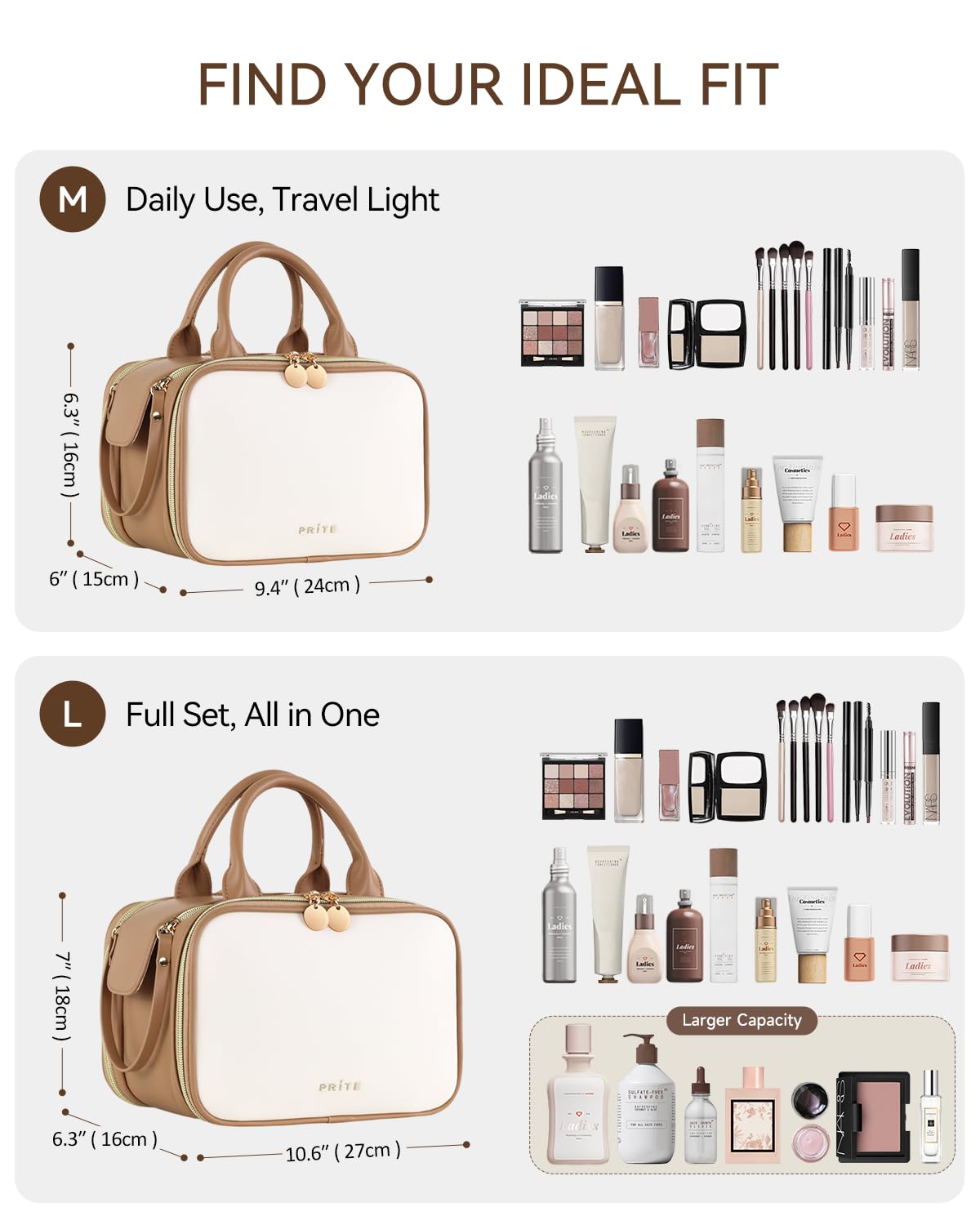 Prite Makeup Bag for Women, Large Capacity Waterproof Travel Cosmetic Organizer, Portable Open Flat Toiletry Bag with Free-standing Brush Holder and Handle(Beige Brown Medium)