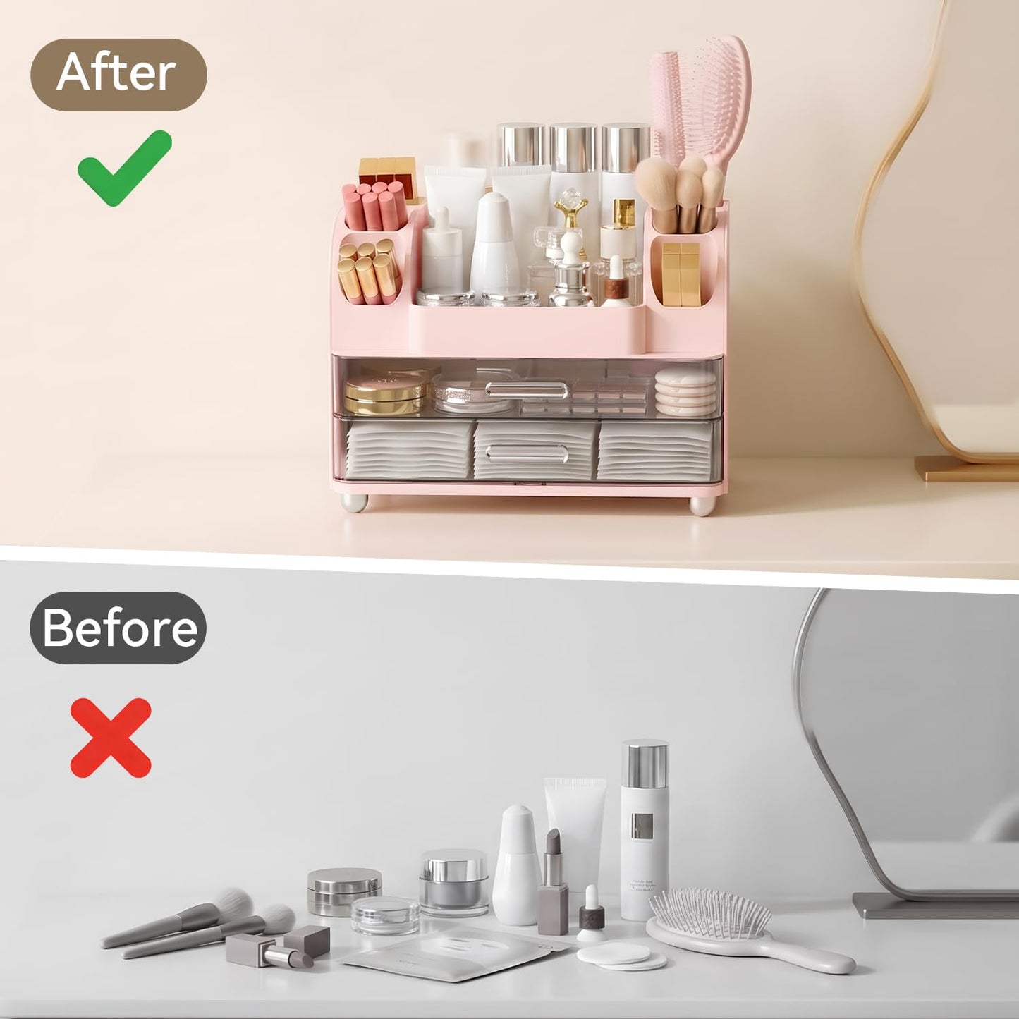 Brothersbox Makeup Organizer for Vanity with 2 Large Drawers and 6 Brush Holders, Large Bathroom Countertop Cosmetic Storage for Skincare, Lipstick, Nail Polish, Perfume, Gift for Women, Pink