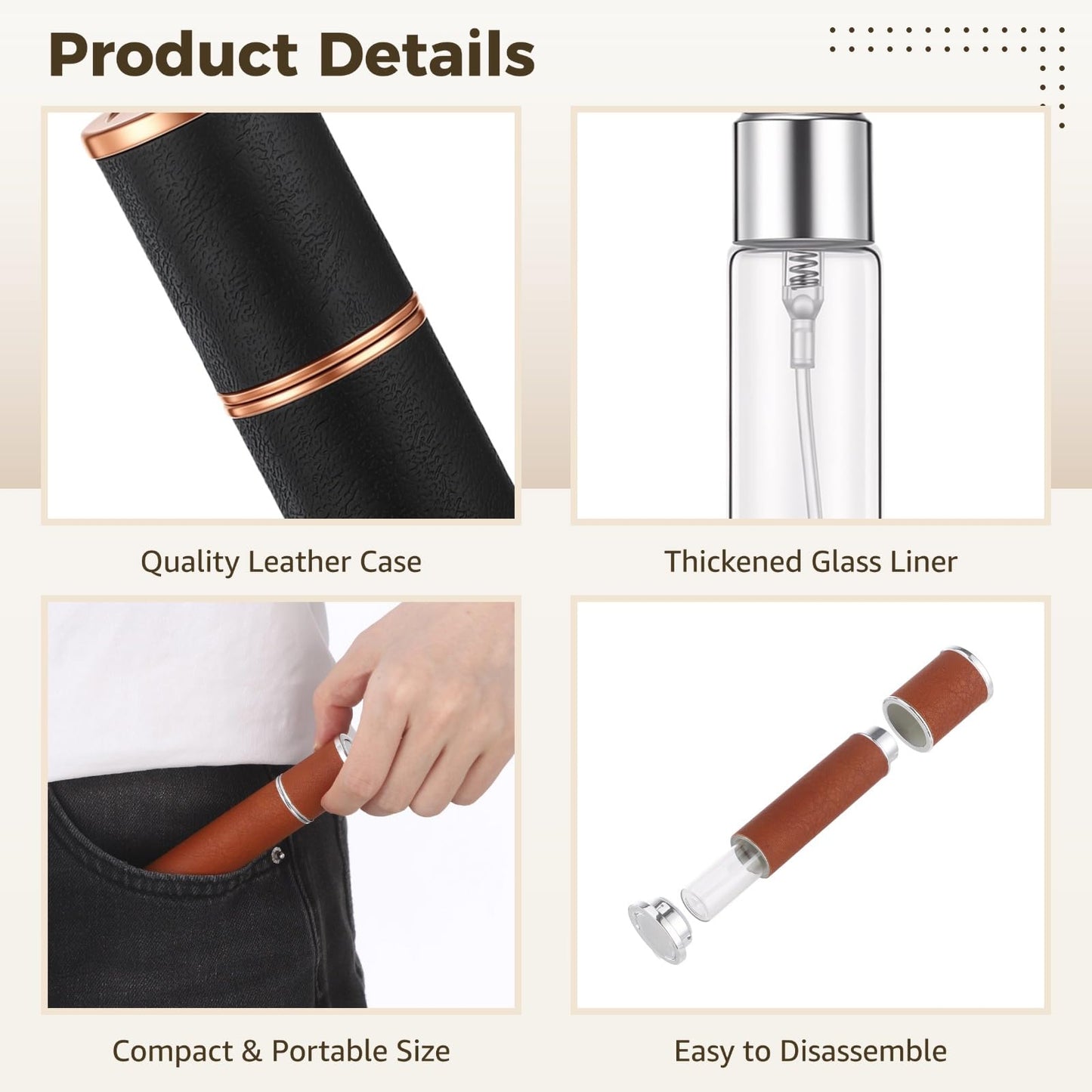 6 Pcs Leather Perfume Atomizer Travel Refillable - 10 ml / 0.34 oz Mini Cologne Spray Bottle, Portable Fragrance Empty Container with Dispensing Tools, Ideal for Travel Work Office (Black, Brown)