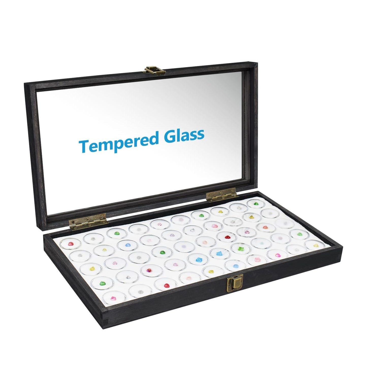 MOOCA Glass Top Black Jewelry Display Case 50 Gem Jars, Ring Box, Jewelry Organizer, Gem jar storage, Glass Display Box, Ring storage White Tray with Gem Jar
