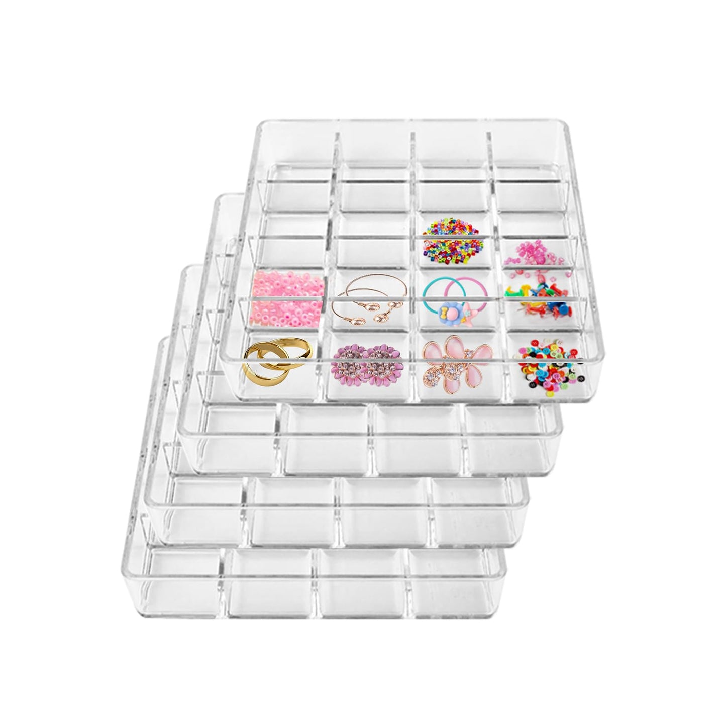 Hiyoo 4 PCS Stackable 16 Grids Jewelry Organizer Tray, Clear Earring Display Stand Ring Storage Tray Plastic Drawer Organizer for Makeup, Accessories, Desk, Vanity