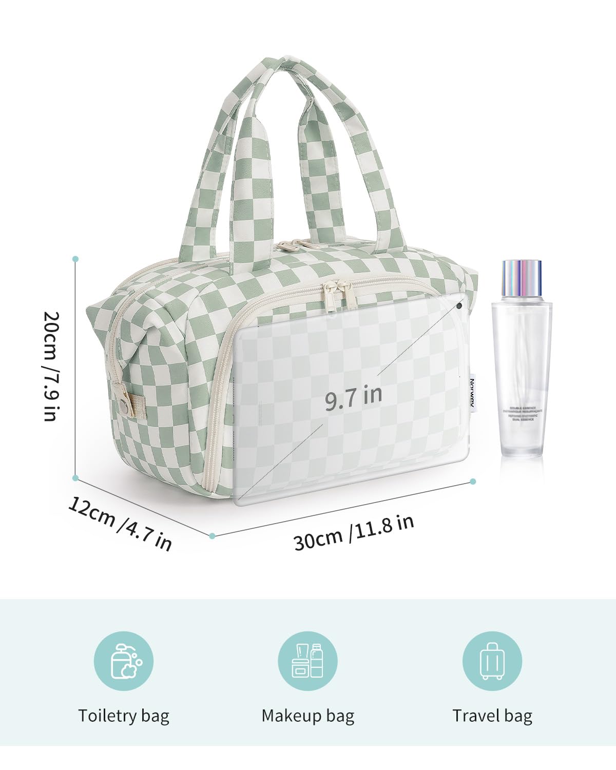 Narwey Travel Toiletry Bag for Women, Checkered Large Makeup Bag, Wide Open Cosmetic Make Up Organizer with Handle, Wet Pocket for Towel, Travel Bag for Toiletries, Brushes, Essentials (Green Checker)