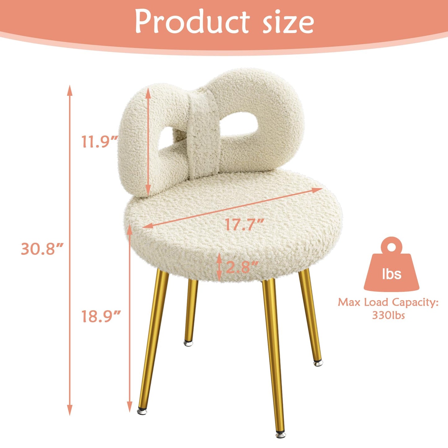 ROOMTEC Vanity Chair with Back, Swivel Makeup Chair with Upholstered and Golden Metal Legs for Living Bedroom and Makeup Room, Off-White