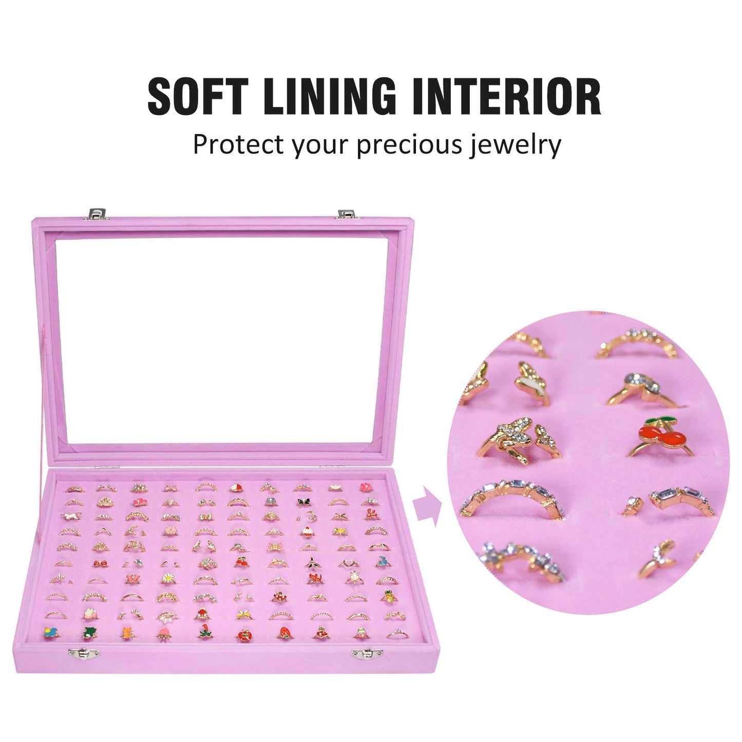 Vicoter Rings Organizer Tray 100 Slot Velvet Rings Earring Storage Box TranSparent Cover Jewelry Store Ring Display Box Jewelry Display Cabinet for Girl Wife Mother.