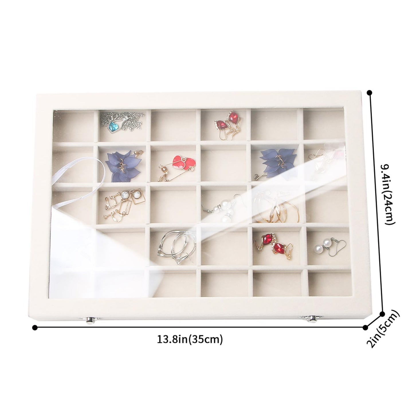 Stratalife Jewelry Organizer Jewelry Tray with See-through Lid 24 Grids Earring Display Showcase Large Velvet Storage Box for Earring Necklace Rings Dice Beige