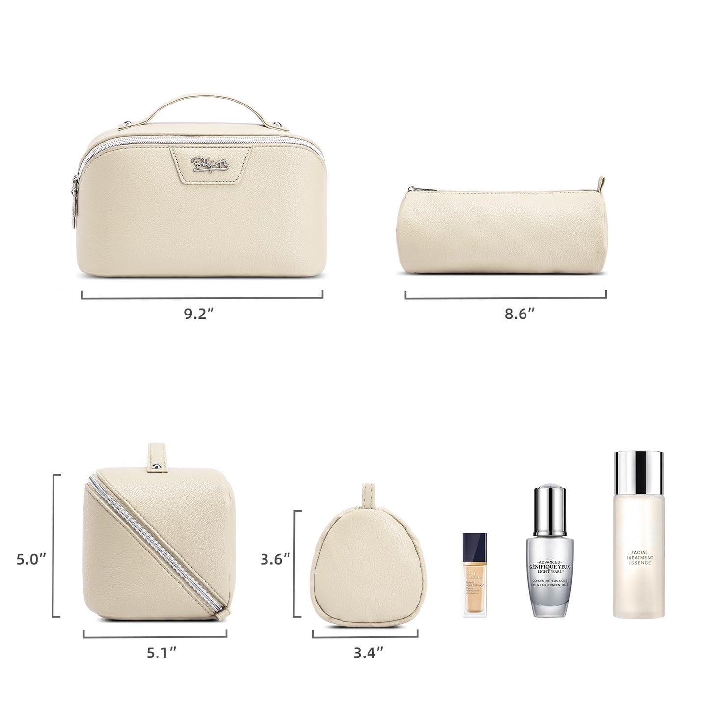 BOYATU Travel Makeup Bag Cosmetic Bags for Women: Large Capacity 3 Pcs Set Make up Bag with Compartments - Waterproof Vegan Leather Toiletry Organizer Bags with Handle (L27Off-white)