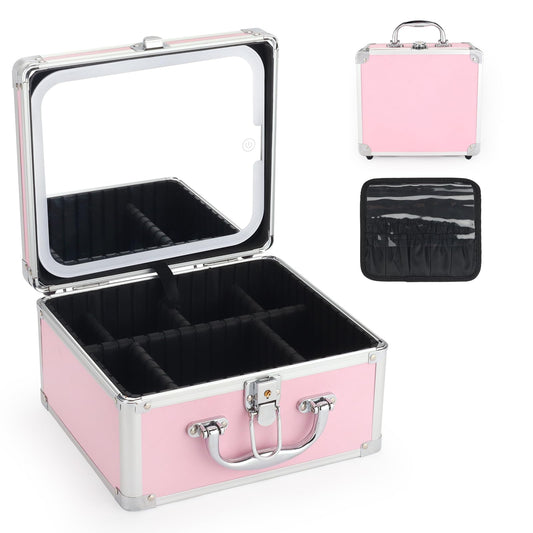 HAISKY Makeup Case with LED Mirror, Portable Lockable Vanity Case, Travel Makeup Train Box for Women, Cosmetic Organizer, Detachable 3-Color Lighted Mirror, Adjustable Dividers, Brush Holder
