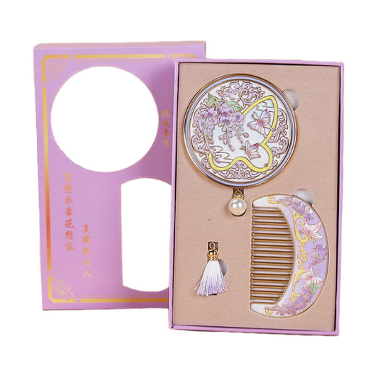 mulanfeng Vintage Handheld Mirror and Comb Set, Chinese Style Decorative Embossed Makeup Mirror and Comb for Women Girls, Gift Box Packaging (Butterfly)