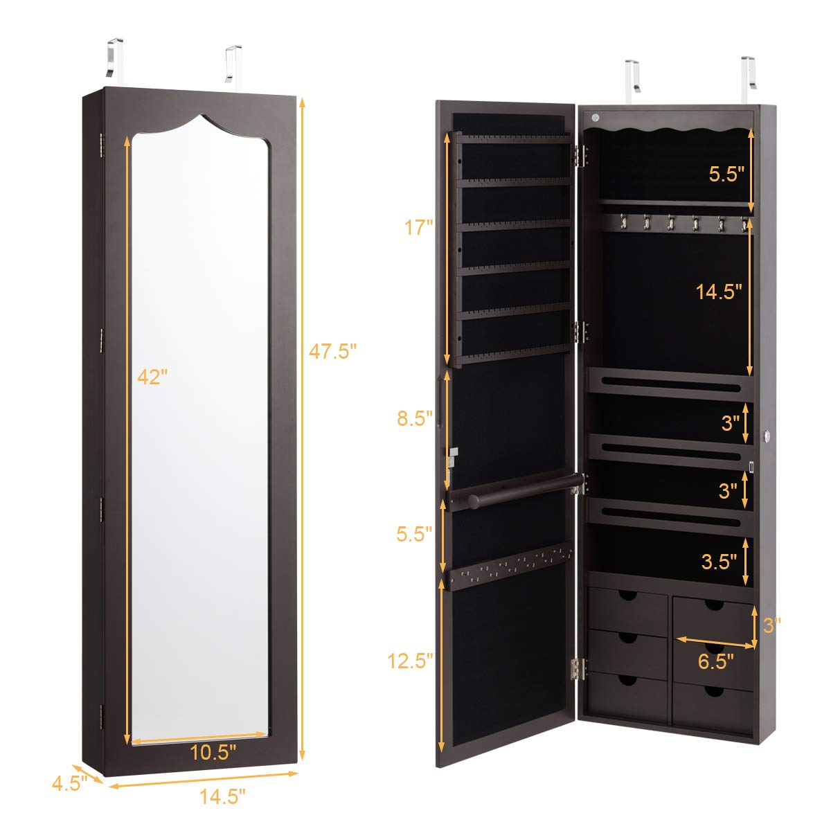 Giantex Wall Door Mounted Jewelry Cabinet with Full Length Mirror, Lockable Over Door Jewelry Armoire with LED Lights, 47.5" Large Jewelry Storage Organizer with 6 Drawers, Espresso